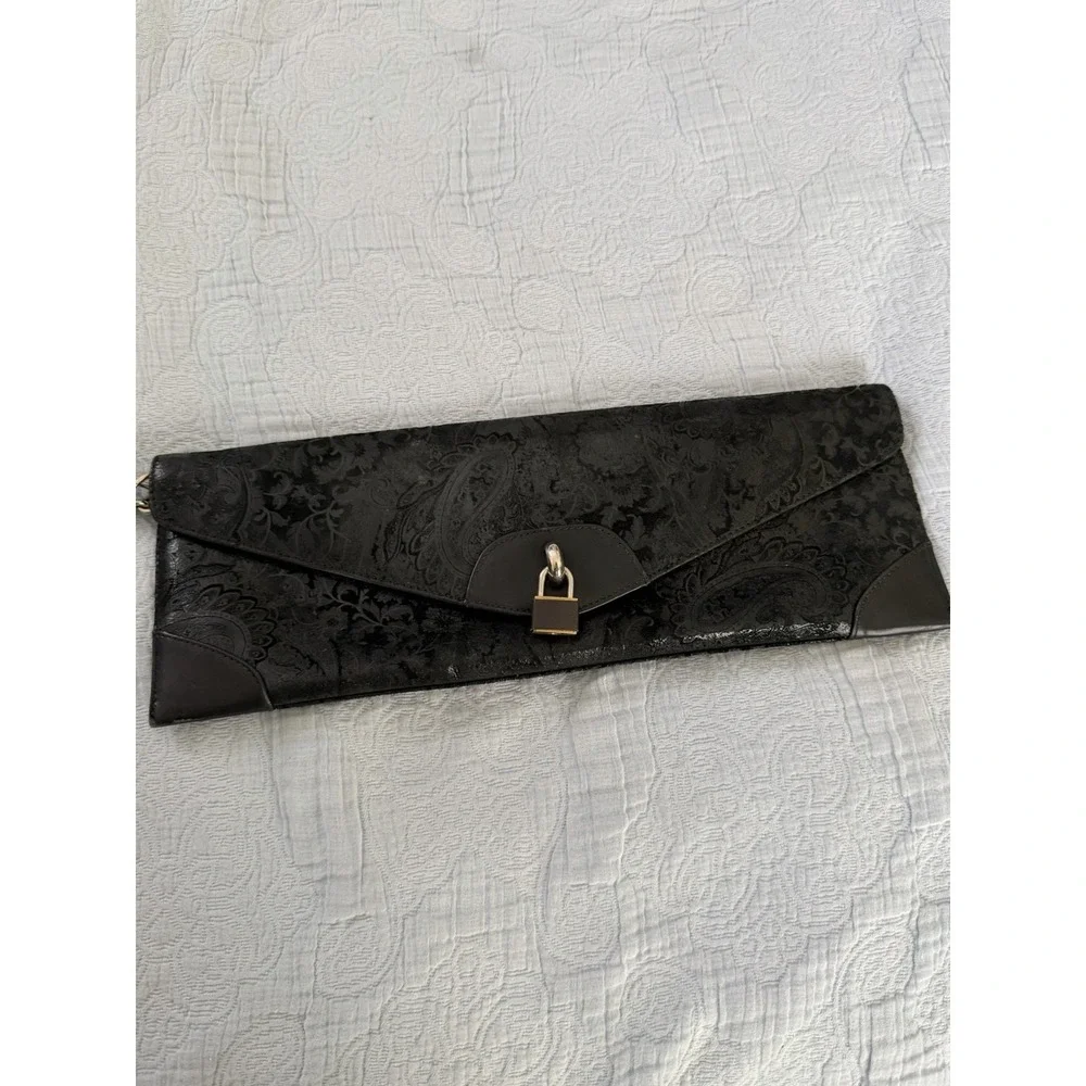 Miss Mak Vintage 90s Boho Y2K Black‎ Leather Padlock Paisley Chain Clutch Bag